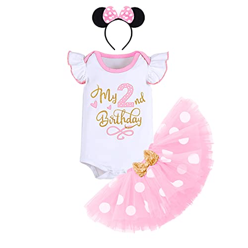 Trajes de 1/2/1/2/2/3er cumpleaños para niñas, disfraz de princesa de Minnie Mouse con volantes, parte superior de camiseta, falda tutú de lunares, diadema, Pink-my 2nd Birthday, 2 Años