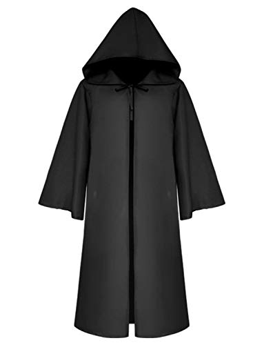 LATH.PIN Capa con capucha para hombre, ropa medieval, abrigo gótico, caballero, túnica larga, disfraz de Halloween, unisex, cosplay, bruja, vampiro (negro, XL)