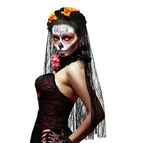 Auniq Diadema de Halloween con velo de encaje negro, Tocado del Día de los muertos, diadema de flores rosas para mujer, accesorio de disfraz de Halloween, tocado de fiesta de novia fantasma, Cosplay