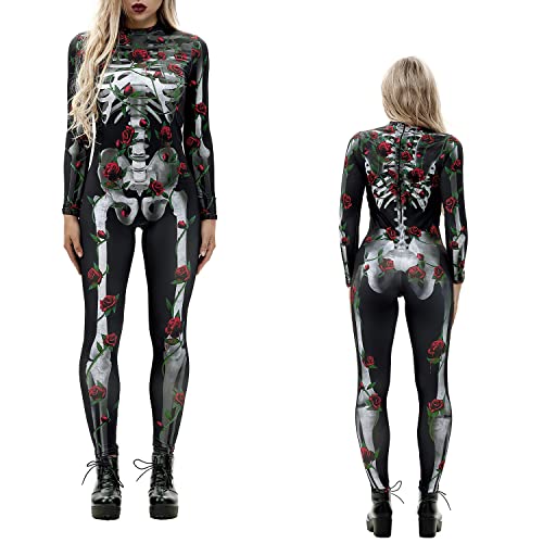 NEWUPZSI Disfraz de Halloween para mujer con estampado de esqueleto, mono estrecho para mujer de manga larga, traje de cuerpo entero para cosplay, carnaval y fiestas temáticas
