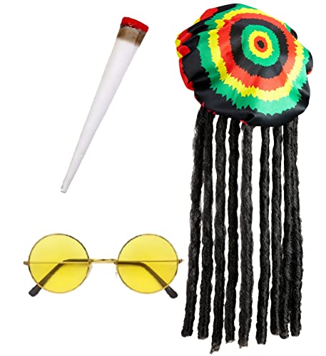 Rastafarian Bob Marley Rasta Dreadlocks Sombrero, falso spliff & gafas amarillas – Kit de accesorios para disfraz de playa jamaicana del Caribe