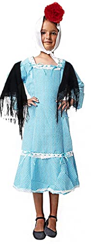 Gojoy Shop - Disfraz de Chulapa Madrileña para Niñas, Contiene: Vestido, Mantón, Pañuelo, Clavel y Mochila de Cuerdas. (2 colores y 8 tallas diferentes.) (AZUL, 3-4 AÑOS)