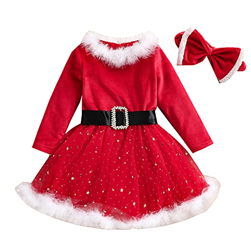Vestido de Navidad para niña con Diadema, Vestido de Princesa de Terciopelo de Manga Larga, Falda tutú de Malla, Conjuntos de Ropa para niñas pequeñas (A1, 2-3 Años)