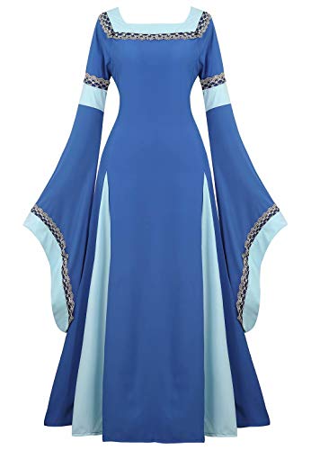 Vestido Medieval Renacimiento Mujer Vintage Victoriano gotico con Manga Larga de Llamarada Disfraz Princesa Azul 2XL