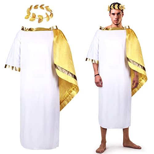 Disfraz de Dios griego blanco romano Toga adulto Toga traje de túnica con corona de hoja, diadema de corona de laurel, accesorios de cosplay de Halloween, 2 piezas de total (mediano)