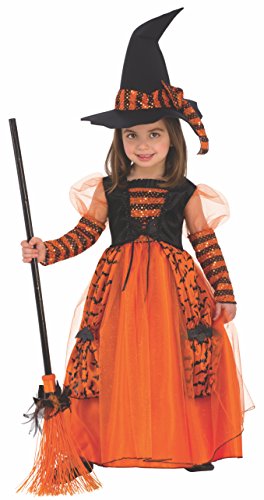 Rubies Disfraz Bruja Brillante para niña, vestido de bruja infantil en color naranja, con detalles en purpurina y sombrero detalles con lentejuelas para halloween, carnaval, cumpleaños y navidad