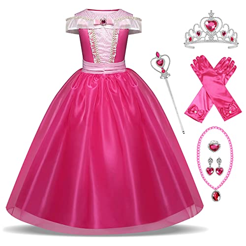 New front Disfraz de Bella Durmiente Vestido de Princesa Aurora Rosa, Traje y Accesorio Cosplay de Fiesta Navidad Cumpleaños Halloween Carnaval 3-10 años