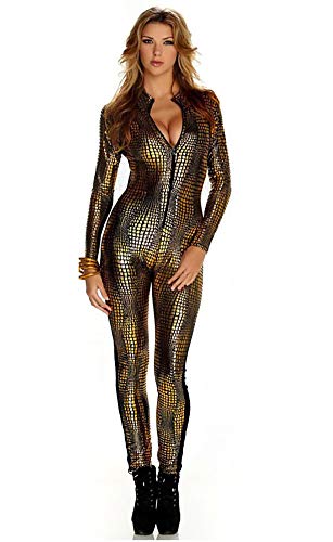 BROWOL Disfraz sexy de gato de piel de serpiente a rayas, Club DS lacado, traje ajustado, mono de piel de serpiente, Catwoman, traje estilo mono, disfraz completo de fiesta, dorado, L
