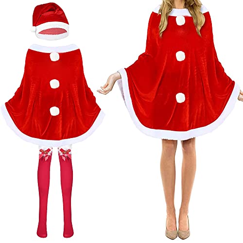 Carnavalife Disfraz Navidad de Papá Noel Mujer, Poncho Capa Rojo Gorro y Medias de Navidad para Disfraz Mamá Noel, Traje de Vestido Máma Noel Mujer