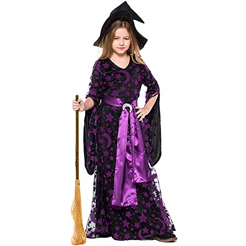 Aiqing Disfraz de Bruja para niñas/Adultos - Halloween púrpura Estrella y Luna Vestido de Bruja mágica Disfraz de Padre e Hijo Conjunto Completo