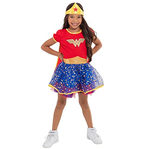 DC Comics Vestido de Wonder Woman con Capa y Tiara Diadema Dorada - Disfraz de Fantasía de Superhéroina para Niñas Mayores, Rojo (7/8)