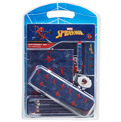 Spiderman Set Papeleria para Niños, Incluye Estuche Escolar Cuaderno A5 Bloc de Notas Lapices Colores Boligrafo, Regalos Cumpleaños Niños Colegio