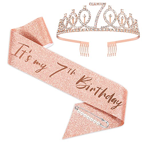 Faja y tiara de 7 cumpleaños para niñas, corona de cumpleaños de oro rosa es mi 7 cumpleaños faja y tiara, regalos de 7 cumpleaños para regalo de fiesta de 7 cumpleaños