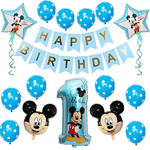 Mickey Globo, Decoraciones de cumpleaños de Mickey Mouse, Banner de Happy Birthday, Globos número para la Fiesta temática de Mickey Mouse,Blue