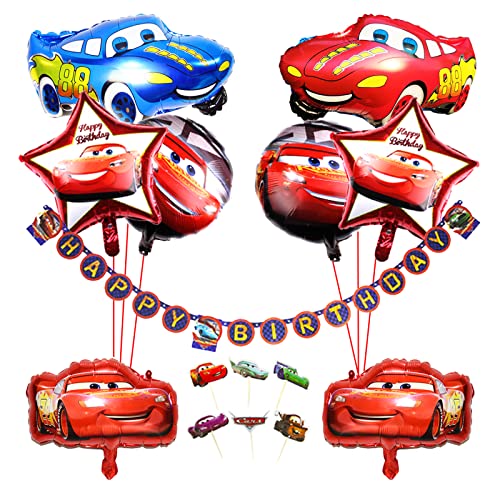 Decoración de Cumpleaños para Coche de Carreras para Niños, Tema de Vehículo Pancarta de Feliz Cumpleaños Decoración para Cupcakes Rojo Azul Car Aluminio Globos para Niños 1.º 2.º 3.º 4.º Cumpleaños