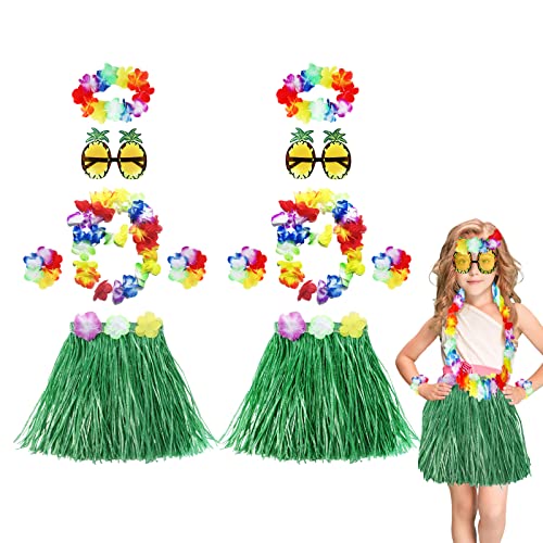 Tacobear 2 Juegos Falda Hawaiana Niña Fiesta Hawaiana Disfraz Hula con Gafas de Piña Flores Leis Diadema Collar Pulseras 30 cm Falda de Hierba Hawaiana para Niños Luau Fiesta Cumpleaños (Verde)