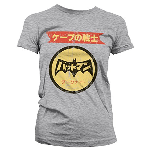 Batman Licenciado Oficialmente Japanese Retro Logo Mujer Camiseta (Heather-Gris), Small