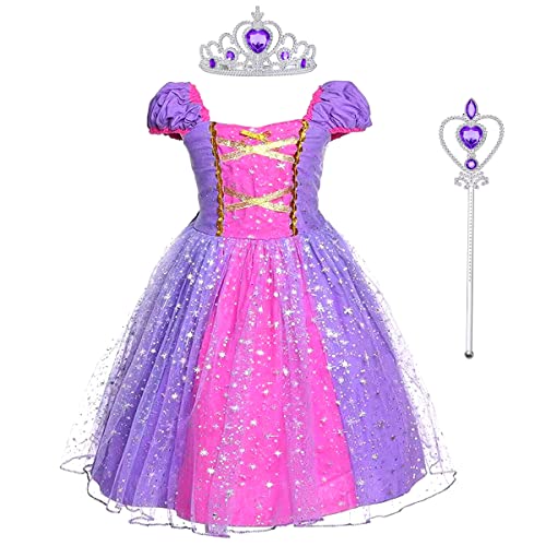 M MUNCASO Rapunzel - Vestido de princesa con corona y varita mágica, disfraz de niña para cosplay, vestido de flores hinchado para verano, desfiles, fiestas, disfraces, Halloween (3-4 años)