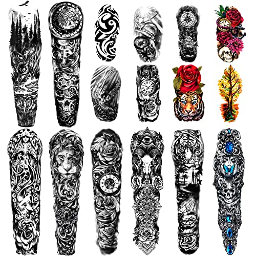 Tatuaje temporal extra grande 8 hojas Tatuajes falsos de brazo completo y 8 hojas Etiqueta engomada del tatuaje de medio brazo para hombres y mujeres (16 hojas)
