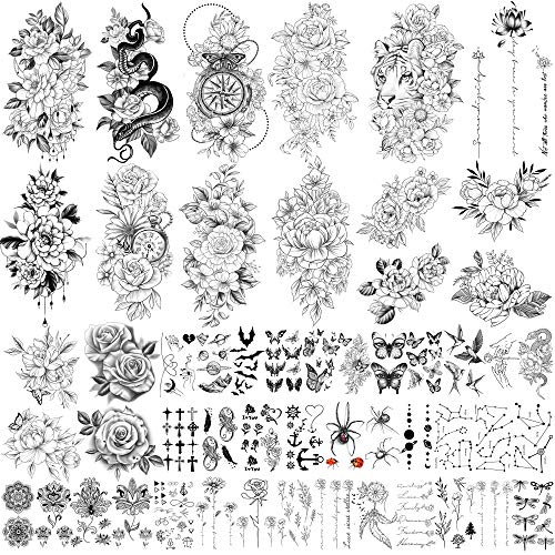 49 hojas de gran colección de flores tatuaje temporal a prueba de agua tatuajes falsos duraderos para mujeres y niñas.