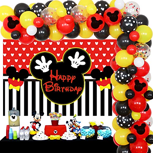 Suministros temáticos de fiesta de cumpleaños de Mickey, kit de guirnalda de globos negros con fondo de Mickey para niños 1º 2º 6 meses decoración de cumpleaños